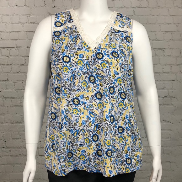 0X 3X 4X Style & Co Blue/Yellow Crochet Boho Tank - Picture 2 of 6